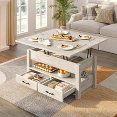 a living room with a couch, coffee table and other items on the carpeted floor