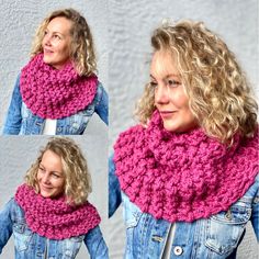 a woman wearing a pink knitted scarf