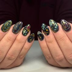 Funky Nails Fall, Weird Girl Nails, Phoebe Bridgers Nails, Whimsical Nail Designs, Firefly Nails, Beetle Nail Art, Samhain Nails, Funky Nails Almond, Whimsy Nails