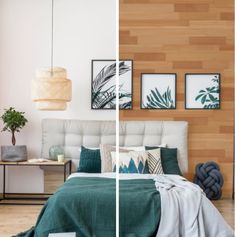 two pictures of a bedroom with wood paneling and green bedding, one in the middle