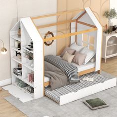 a dollhouse bed is shown in the middle of a room with white walls and flooring