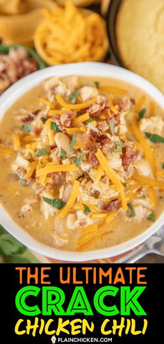 the ultimate crock chicken chili recipe in a white bowl