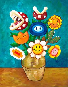 a painting of flowers in a vase with smiley faces on the top and other items around it