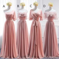 three different types of bridesmaid dresses on mannequins in front of a window