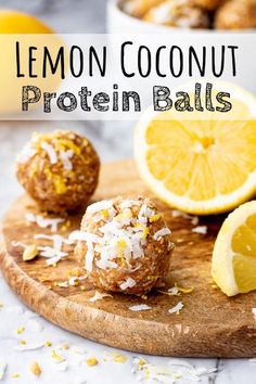 lemon coconut protein balls on a cutting board