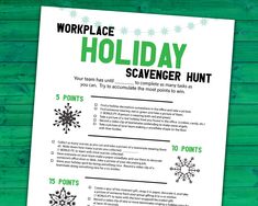 a work place holiday scavenger hunt is shown on a green wooden background with snowflakes