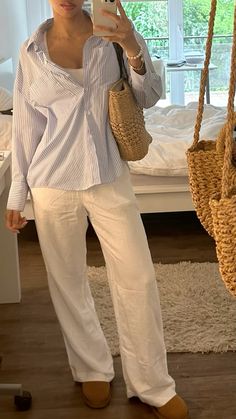 Blue And White Striped Linen Shirt Outfit, Womens Beige Pants Outfits, Linen Pants Outfit Stockholm, Linen Trousers Outfit Spring, White Shirt Boots Outfit, Linen Pants And Button Down, Blue And White Linen Shirt Outfit, Linen Pants White Outfit, Tops To Go With Linen Pants