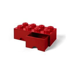 a red lego brick storage box with six small bricks in the bottom section and one open drawer