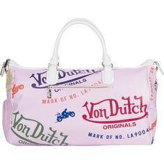 Enlarged for the weekend. This overnight bag is the perfect addition. Soft and Vegan, with the Von Dutch iconic logo All Over print on pink. Monogramed rivets and white contrast piping are just a few great details on this bag. Made with strong carrying handles, this carry all is perfect for the gym, overnight or weekend use. Designer Gym Bag, Pink Tote Duffle Bag For Weekend Trips, Pink Tote Weekender Bag With Zipper, Pink Tote Weekender Bag With Zipper Closure, Pink Duffle Bag With Luggage Sleeve For Weekend Trips, Pink Duffle Bag With Zipper For Weekend Trips, Pink Weekender Bag For Weekend Trips, Pink Duffle Bag For Weekend Trips With Zipper Closure, White Weekender Bag For Weekend Trips