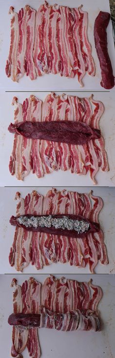 bacon strips laid out on top of each other and ready to be cut into pieces