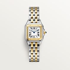 Cartier - Panthère de Cartier watch - Watch Woman Gold/Steel - Panthère de Cartier watch, small model, quartz movement. Case in yellow gold 750/1000 and steel, dimensions: 23 mm x 30 mm, thickness: 6 mm, crown set with a synthetic blue spinel, silvered dial, blued-steel sword-shaped hands, bracelet in yellow gold 750/1000 and steel. Water-resistant to 3 bar (approx. 30 meters). Gold Panthere Watch, Cartier Watches Women, Cartier Panther, Cartier Gold, Gold Watches Women, Cartier Panthere, Jewelry Styles, Cartier Watch, Two Tone Watch