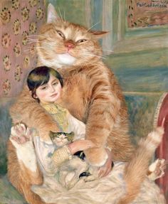 a painting of a cat sitting on top of a woman's lap next to a kitten