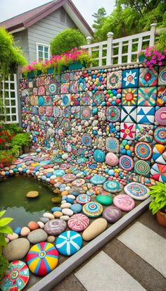 an outdoor garden with colorful rocks and flowers on the wall, along with a pond