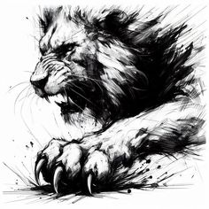 a black and white drawing of a lion's head with its paw on the ground