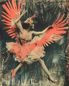 a woman in a pink dress is dancing with red feathers on her head and arms