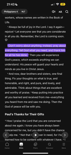 the bible app on an iphone with purple text and black background, which reads thank for those