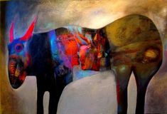 an abstract painting of a bull with horns