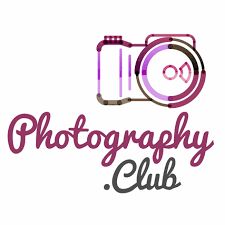 the logo for photography club with a camera on it's left side and pink lettering