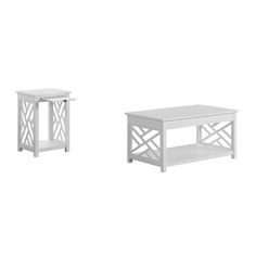 two white tables sitting next to each other