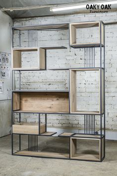 the shelves are made out of wood and metal