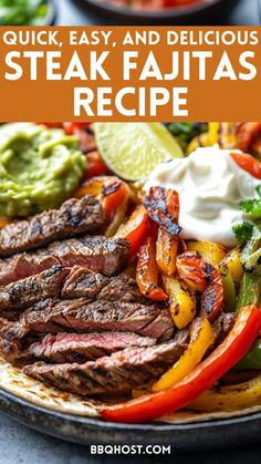 steak fajitas with guacamole and salsa on the side