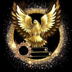 an artistic golden bird with wings and gold sparkles on a black background stock photo