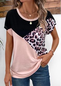 Color:Light Pink;Size:S;Size:M;Size:L;Size:XL;Size:XXL;Package Contents:1 X T Shirt;Occasion:Other;Style:Bohemian; Light Pink Shorts, Business Formal Dress, Trendy Tops For Women, Drop Shoulder Tee, Trendy Fashion Tops, Color Block Top, Leopard Print Top, Professional Dresses, Pink Leopard