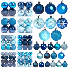 many different blue and silver christmas ornaments