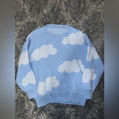 Nwot, Women’s Size Xl (12), Smoke Free Home, Pet Friendly :) Cute Blue Winter Top, Cloud Outfit, Sweaters Blue, Baby Blue Sweater, Shein Sweater, Pastel Sweater, Cloud Pattern, Drop Shoulder Sweater, Clouds Pattern