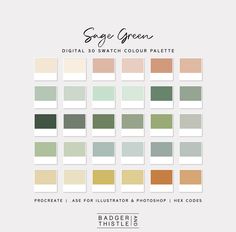 the sage green digital swatch color palette is shown in multiple colors, including pales and