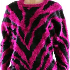 Fuzzy Zebra Print Sweater Pink Sweater For Winter Party, Trendy Pink Sweater For Party, Pink Winter Party Sweater, Pink Sweater For Fall Party, Pink Fall Party Sweater, Casual Pink Sweater For Party, Zebra Print Sweater, Print Sweater, Fuzzy Sweater