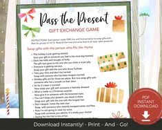 a christmas gift exchange game is shown with the text pass the present, and an image of