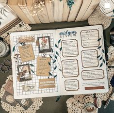 an open book sitting on top of a table covered in doily and paper decorations