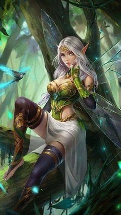 a woman with white hair and green eyes is sitting on a tree branch in the woods