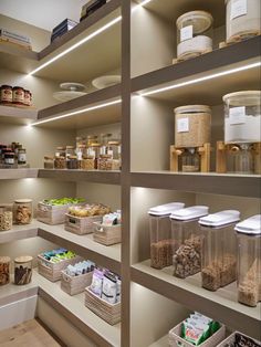 an organized pantry with lots of food and containers on the shelves, including cereals