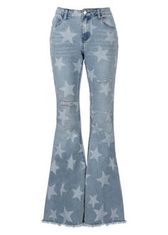 Bell Bottom Jeans Kids, Pink Star Jeans, Jeans With Stars On Them, Star Print Jeans, Aesthetic Bell Bottoms, Star Pants Jeans, Star Themed Outfits, Jean Bell Bottoms, Star Flare Jeans