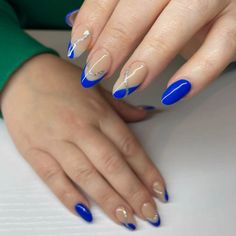 Light Royal Blue Nails, Hoco Nail Ideas Royal Blue, Royal Blue Design Nails, Royal Blue And Silver Nail Designs, Blue And Silver Prom Nails, Royal Blue And Silver Nails, Debs Nails, Royal Blue Prom Nails, Form Nails