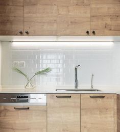 a kitchen with wooden cabinets and white tile backsplash, stainless steel faucet