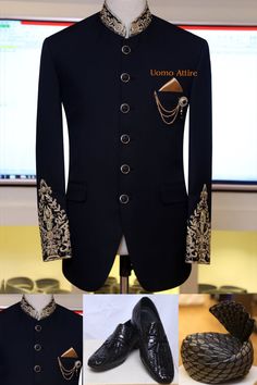 Black embellished prince coat – Uomo Attire Traditional Black Blazer For Groom, Black Embellished Sherwani For Formal Occasions, Formal Black Embellished Sherwani, Elegant Long Sleeve Embellished Sherwani, Black Embellished Sherwani For Party, Black Embellished Sherwani With Long Sleeves, Designer Black Embellished Sherwani, Black Embellished Long Sleeve Sherwani, Fall Wedding Embellished Outerwear