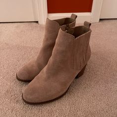 Tan Suede Never Worn Booties Casual Beige Heeled Boots With Almond Toe, Casual Beige Suede Booties, Casual Beige Suede Heeled Boots, Taupe Suede Boots For Fall, Taupe Ankle-high Boots For Spring, Taupe Ankle Boots For Spring, Spring Taupe Ankle-high Boots, Spring Taupe Ankle Boots, Beige Suede Booties With Stacked Heel