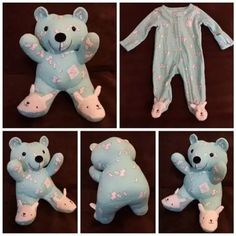 four pictures of teddy bears in blue onesuits