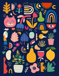 an image of colorful art work with plants and animals in the center, on a dark blue background