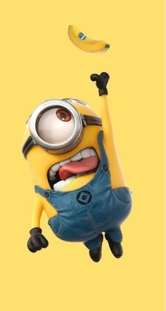 a minion flying through the air with a banana in it's hand and wearing overalls