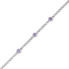 A high-impact look with shimmer to spare, this stunning bracelet pairs sterling silver rolo-link chain with dazzling amethyst gemstones in a look that grabs the eye. Three gorgeous 3.0mm round amethysts are carefully bezel set along the chain, creating the illusion that they are floating in midair. Polished to a brilliant shine, this 7.0-inch bracelet makes a thoughtful gift for the February birthday girl. The style secures with a lobster claw clasp. Station Bracelet, February Birthday, Purple Stones, Amethyst Stone, Toe Rings, Gemstone Bracelets, Chain Ring, Amethyst Gemstone, Birthday Girl