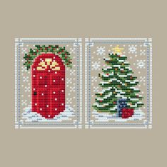 two cross stitch christmas cards, one with a red mailbox and the other has a green tree