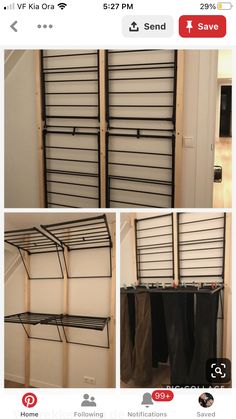 three pictures showing different ways to hang clothes in the closet and use them for storage