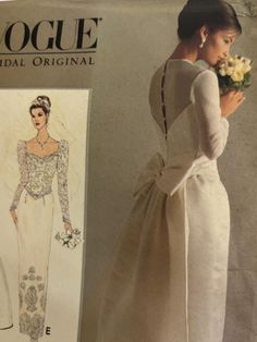 Lined dress, evening length or floor length, has neckline variations, close-fitting, boned shaped front, dropped waist bodice with princess seams, inside belt, tapered or glared skirt, back zipper with button trim and above elbow or long sleeves.  A,B:  bodice piping.  A:  purchased flowers.  B:  optional purchased flowers.  A, B:  bodice piping.  A,B,C:  neck and back binding, back button/loop and contrast yokes.  B,C:  sleeve binding.  B,D:  bias bow and knot.  C,D:  skirt with side front and Neckline Variations, Above Elbow, Detachable Train, Gorgeous Wedding Dress, Gathered Skirt, Princess Seam, A B C, Drop Waist, Gorgeous Wedding