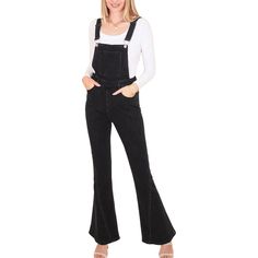 Elevate your denim game with Anna-Kaci Women's Flare Overalls Jumpsuits, combining retro bell-bottom jeans with the versatility of skinny denim overalls. Designed with a high waist and flared legs, these overalls hug your curves for a flattering silhouette, while adjustable shoulder straps ensure a customized fit for optimal comfort. Black High-waisted Denim Overalls, High Waist Black Denim Jumpsuits And Rompers, Black High Rise Denim Jumpsuit For Spring, Fitted Denim Jumpsuits And Rompers In Black, Fitted Black Denim Jumpsuits And Rompers, High Rise Black Overalls For Spring, Black Fitted Overalls Jeans, Fitted Black Overall Jeans, Trendy Black Denim Overalls