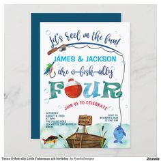 Twins 4th Birthday Invitation, Fishing Themed.
Gone fishing fourth birthday invites for fishing themed birthday party.
Little Fisherman 4th birthday invitation for boys Fishing Invitations, Fishing Birthday Invitations, Fishing Themed Birthday Party, Third Birthday Invitations, Fishing Birthday Party, O Fish Ally, Third Birthday Party, Fishing Party, Birthday Postcards