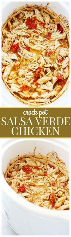 chicken casserole in a white dish with text overlay